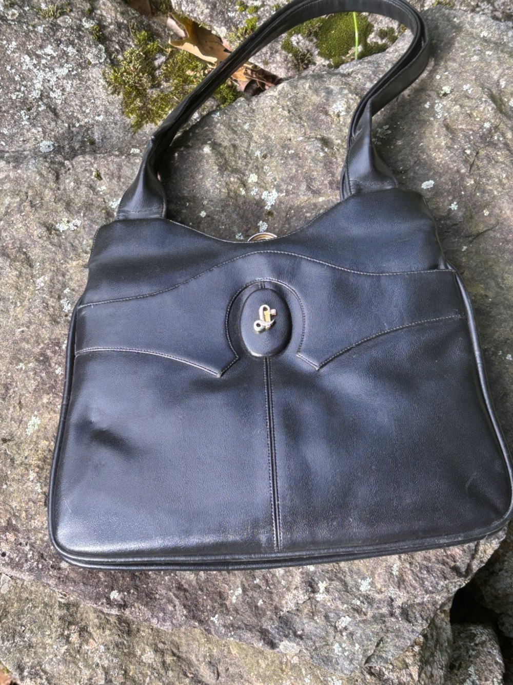 Vintage Lou Taylor Black Leather Shoulder Bag Italy Red Leather Lining Mirror